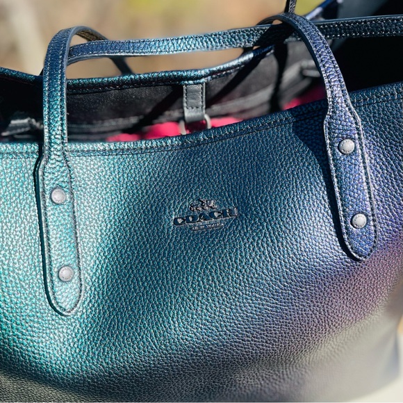 RARE COACH Hologram Metallic Petrol Large City Bag Tote Purple Green Teal Blue - Picture 6 of 16